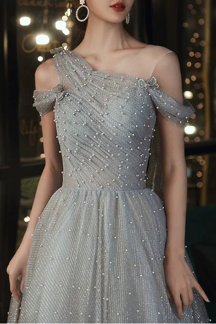 Dusty Blue One-Shoulder Pearl Maxi Evening Dress