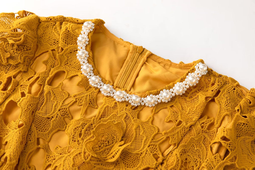 Flowering Girl Women sylvia orange Beaded hollow crochet mini dress