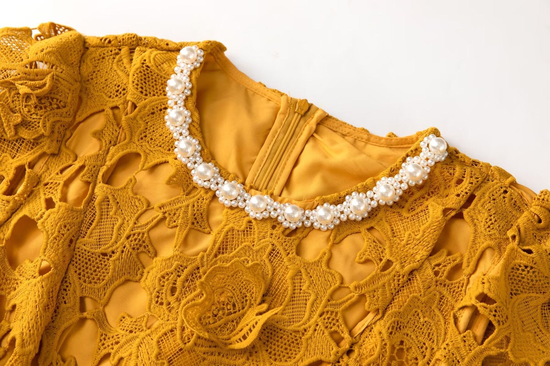 Flowering Girl Women sylvia orange Beaded hollow crochet mini dress