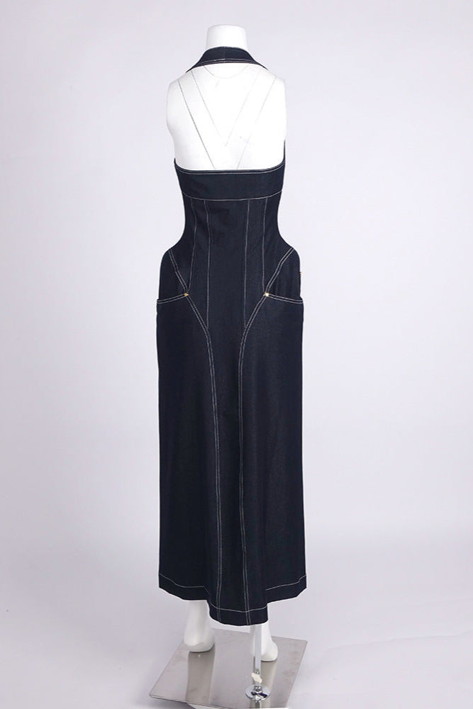 Flowering Girl Women Haltered Corseted Midi Dress Denim In Navy Blue