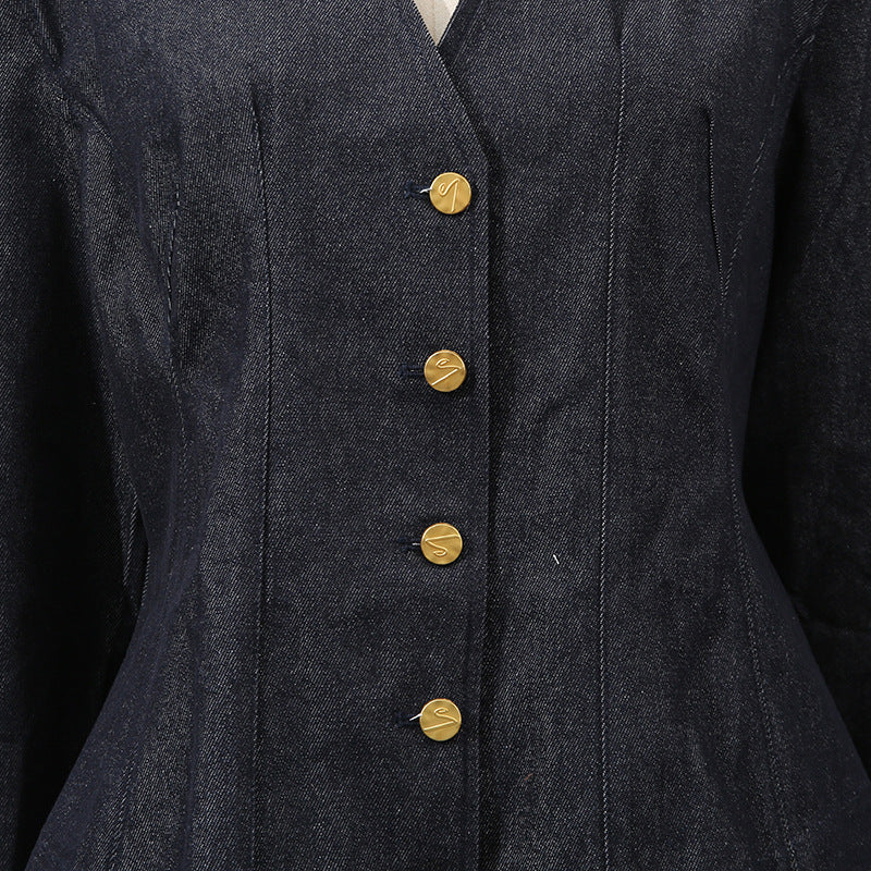 Florence Single-Breasted Top Pleated Skirt In Navy Blue