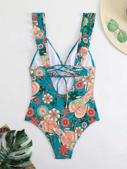 v-neck floral print Ruffle bikini