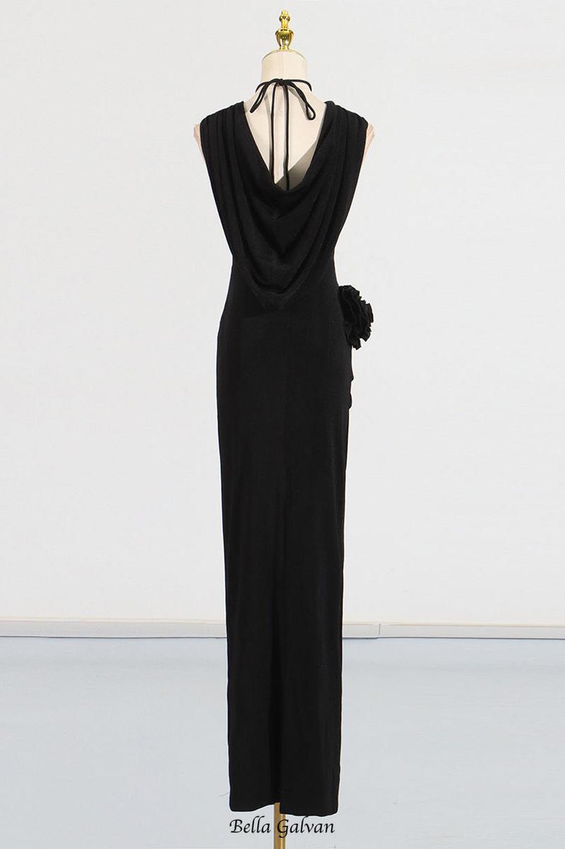 tammy Metal 3D Flower Hooded Midi Dress in black