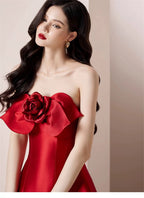 Flowering Girl Women mignon 3d flower satin strapless midi dress in red