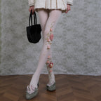 Sheer White Floral Embroidered Tights with 3D Flowers & Pearls