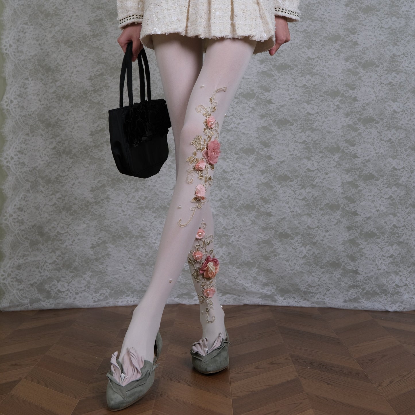 Sheer White Floral Embroidered Tights with 3D Flowers & Pearls