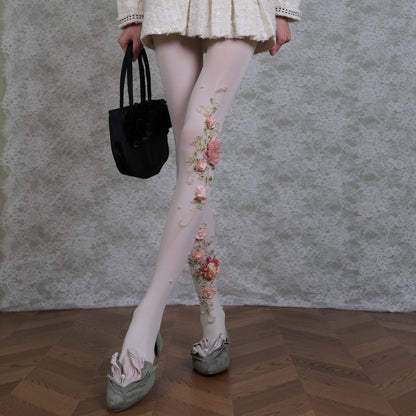 Sheer White Floral Embroidered Tights with 3D Flowers & Pearls