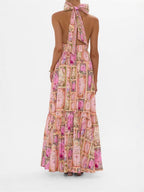 Flowering Girl Women V-neck halter neck printed maxi dress - pink