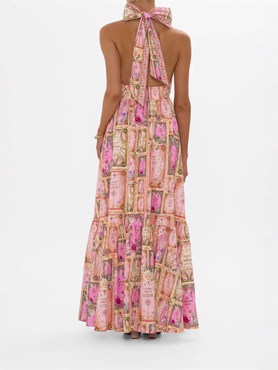 Flowering Girl Women V-neck halter neck printed maxi dress - pink