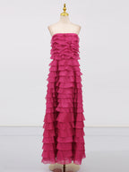 cathy Pleated layer strapless maxi dress in rose red
