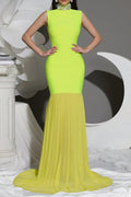 Flowering Girl Women Amy Mesh Stitching Diamond High Collar Bandage Maxi Dress In Green