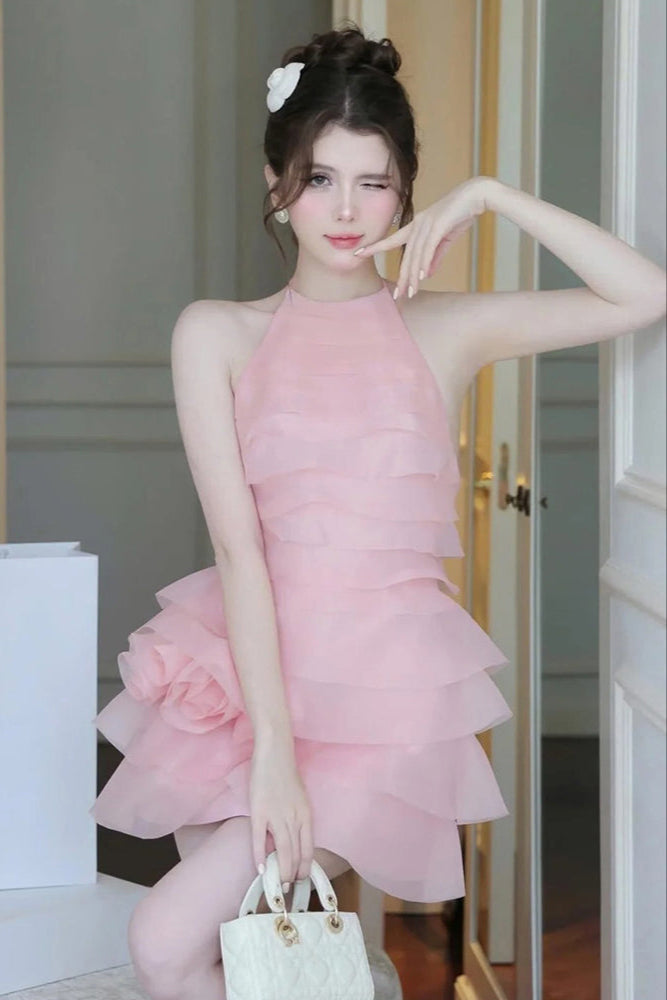 3d flower halter ruffle layer mini dress in pink