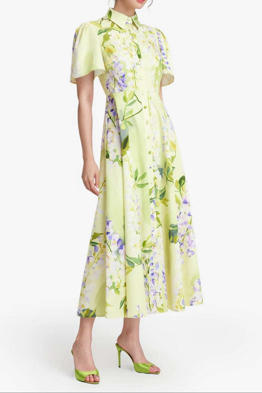 Polo Neck Short-Sleeved Floral Satin Lemon Yellow A-Line Dress