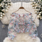 long-sleeved embroidery lace blouse with puff sleeves