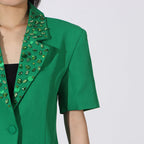 Flowering Girl Women Green Flower Embellished Blazer With Wide-Leg Trousers Set