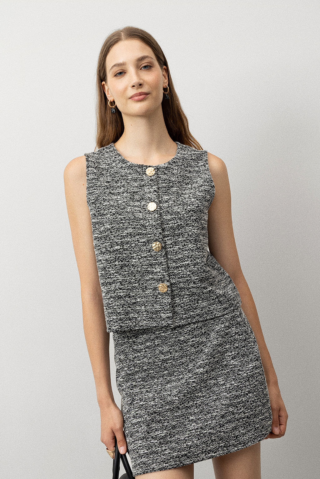 Flowering Girl Women mixed silver thread fine glitter gold button vest hip-hugging skirt
