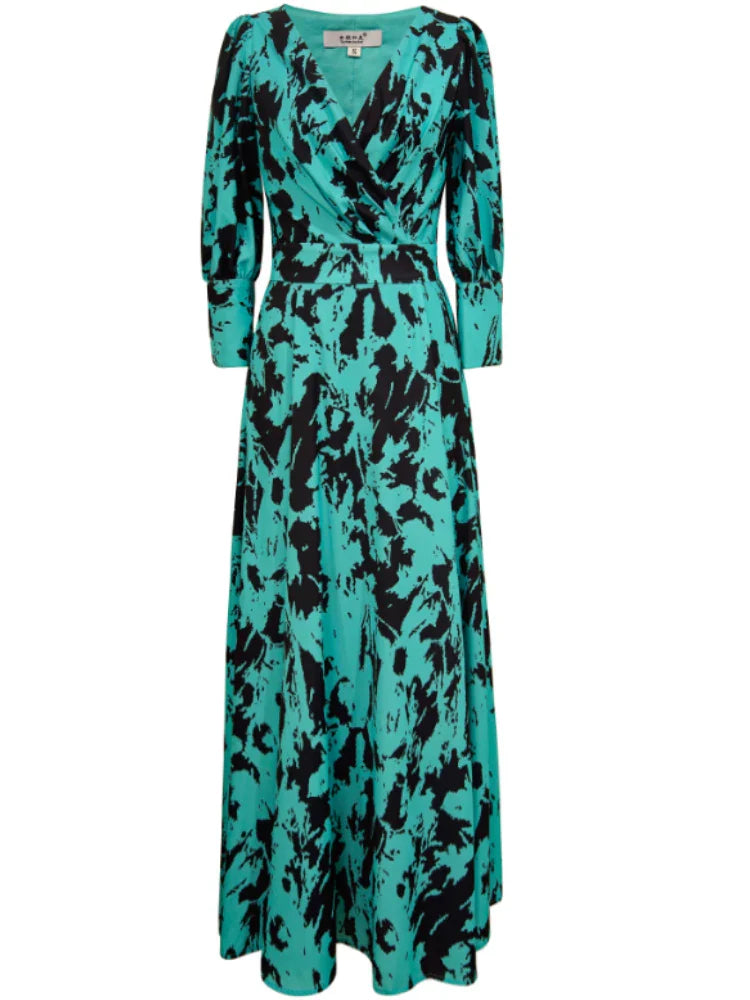 Acetate Satin Floral Dress Women's Vintage Green Lantern Sleeve V-neck Long Skirt Women's Design Sense 2024 Spring/Summer