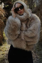 Flowering Girl Women faux fur short coat in pale brown