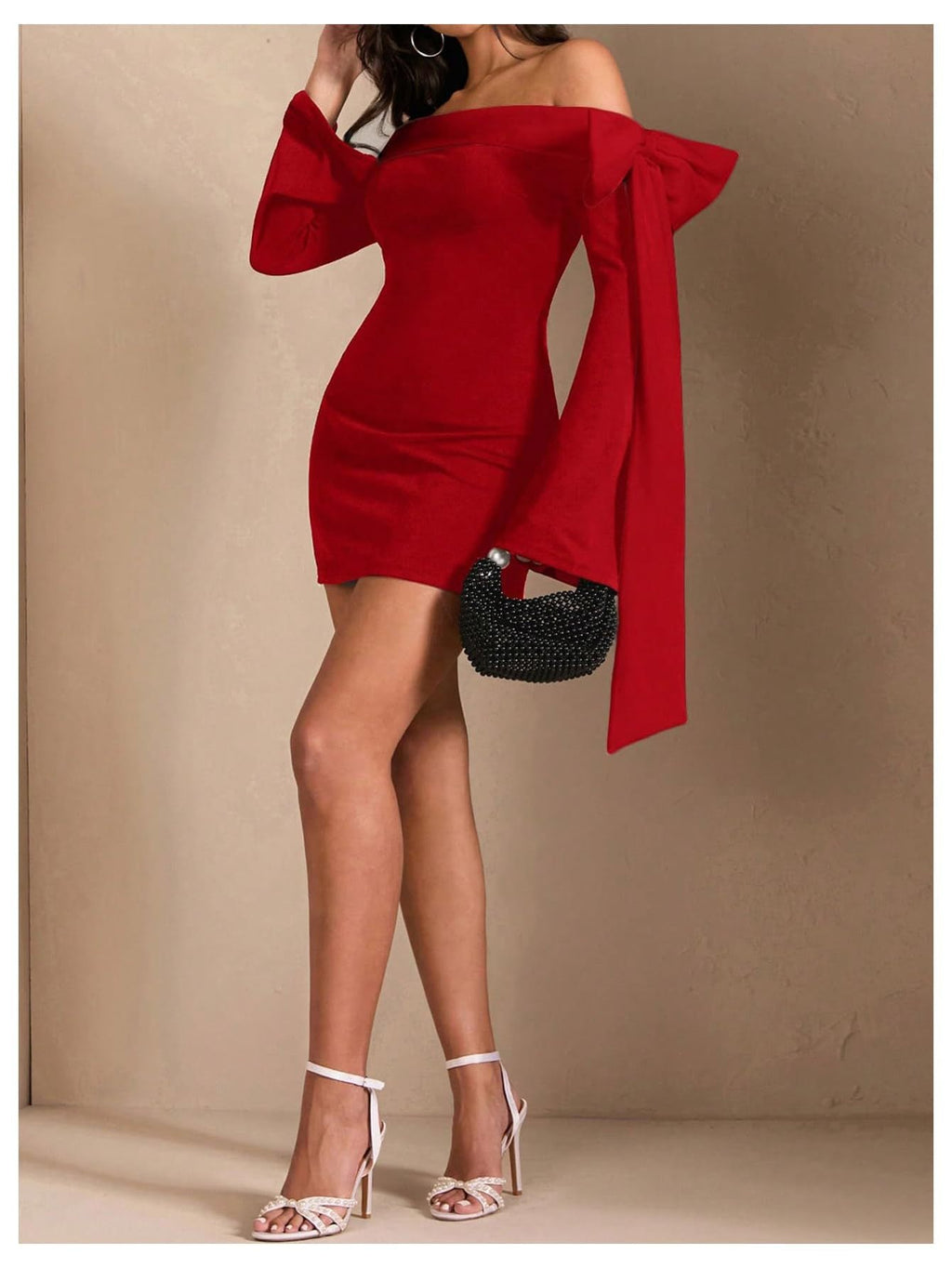 Flowering Girl Women red Off-the-Shoulder Flared Sleeve Mini Dress