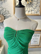 Strapless Front Keyhole Ruched Side Slit Midi Bodycon Dress