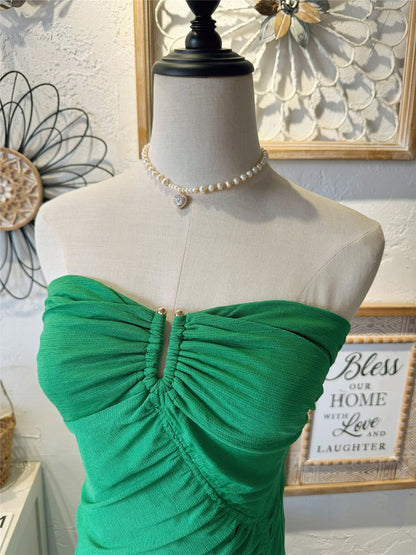 Strapless Front Keyhole Ruched Side Slit Midi Bodycon Dress
