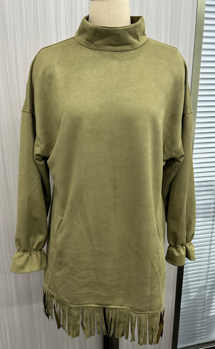 Flowering Girl Women Olive Faux Suede Turtleneck Dress With Fringe Hem