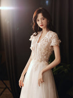 3D Floral Lace Short Sleeve Tulle Floor-Length Evening Gown