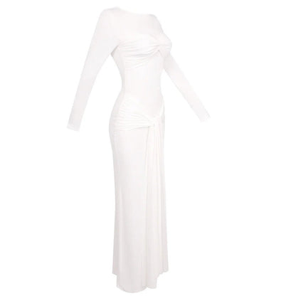 Long-sleeved ribbon-trimmed round-neck maxi dress