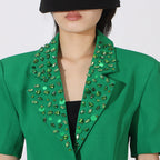 Flowering Girl Women Green Flower Embellished Blazer With Wide-Leg Trousers Set
