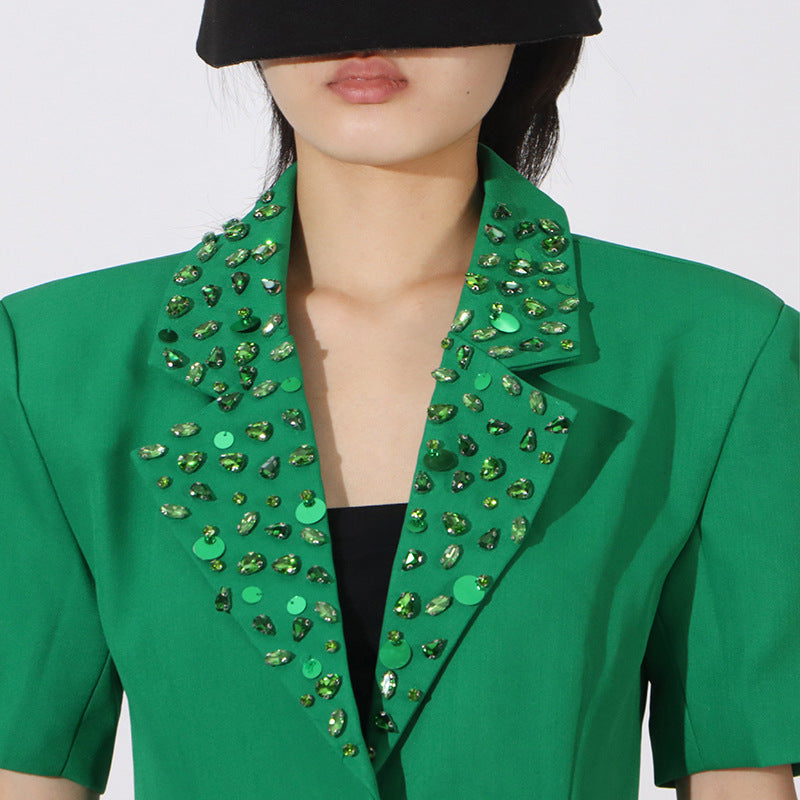 Flowering Girl Women Green Flower Embellished Blazer With Wide-Leg Trousers Set