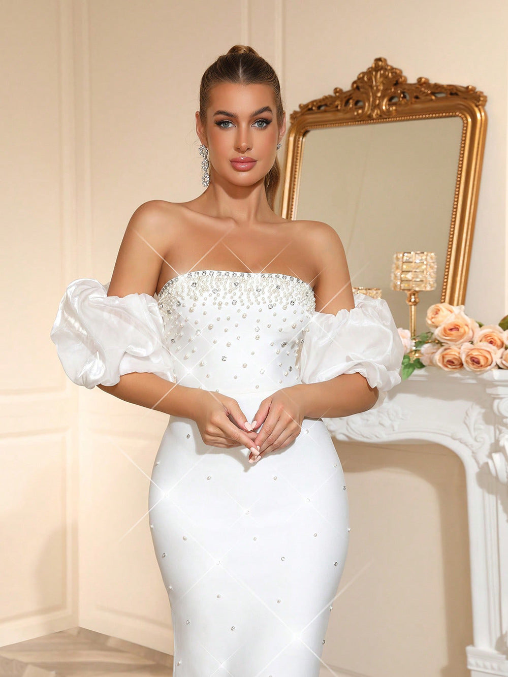 Nancy Rhinestone Beading Strapless Maxi Dress In White