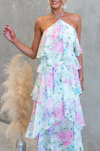 Flowering Girl Women Floral Ruffle Halter Neck Midi Dress - blue