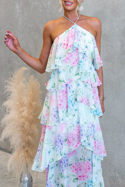 Floral Ruffle Halter Neck Midi Dress - blue