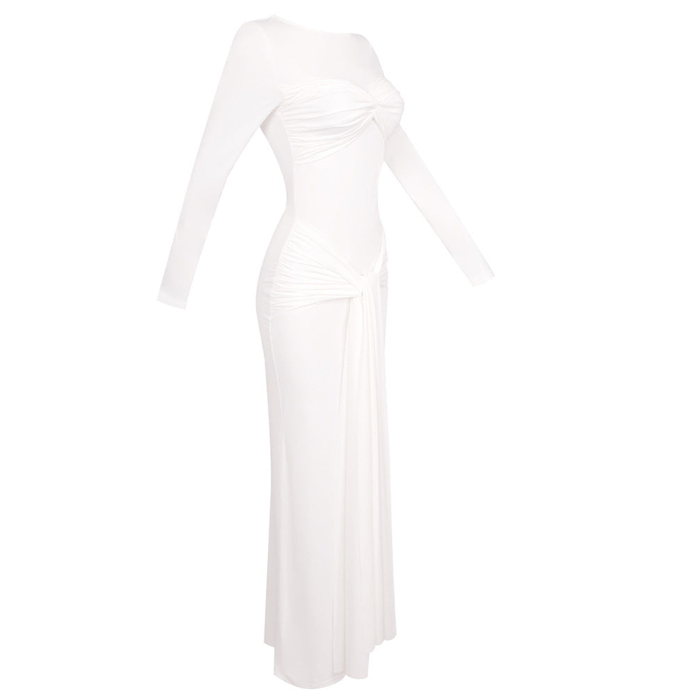 Flowering Girl Women Round neck ribbon knot maxi dress in white