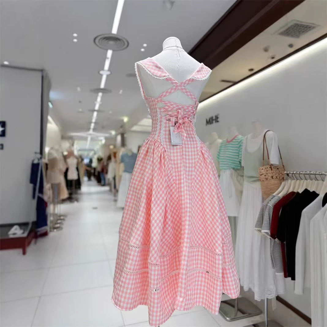 xylia bowknot neck plaid sleeveless midi dress - pink