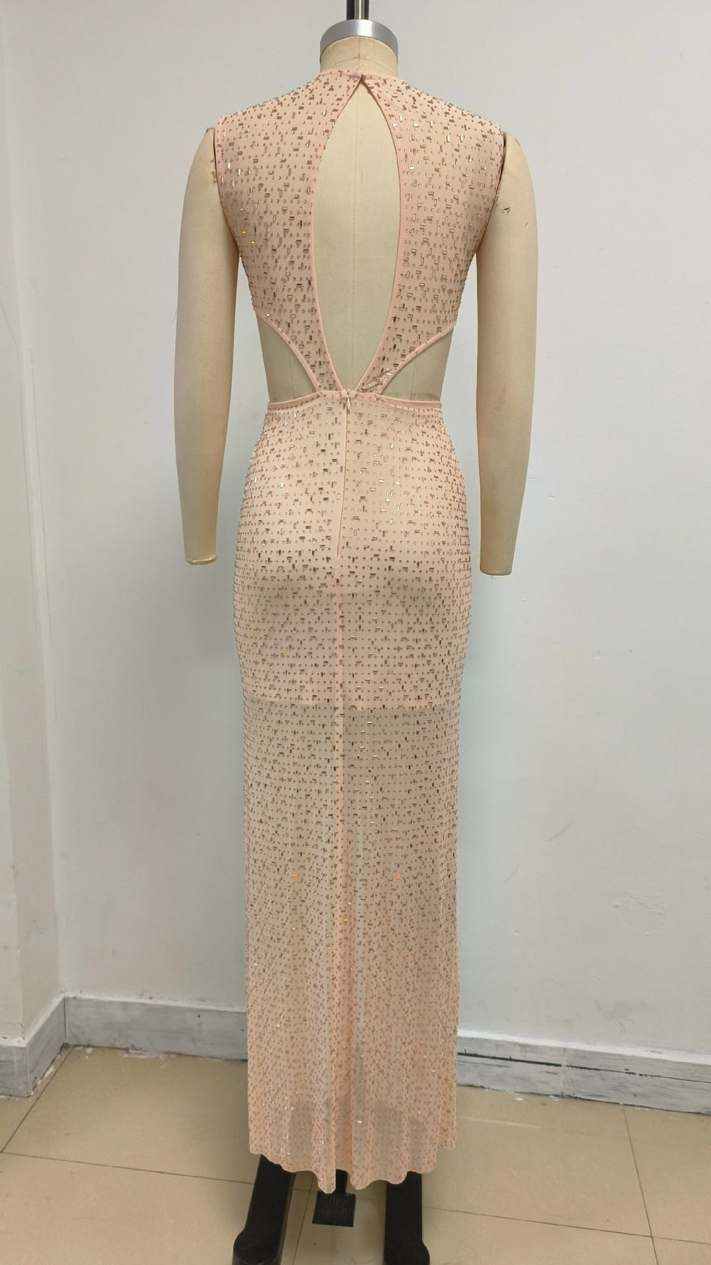 Vivien Flower Sequin Cutout Maxi Dress In Apricot