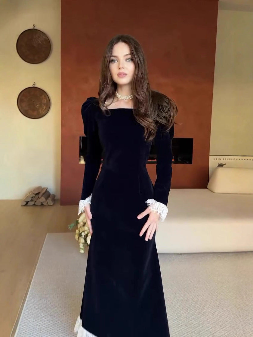 Flowering Girl Women black long-sleeved waist-cinching dress