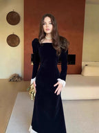 Flowering Girl Women black long-sleeved waist-cinching dress