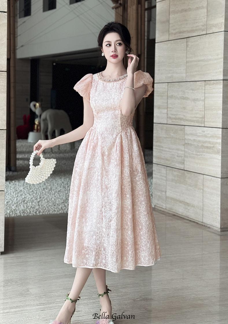 pearl neck Puff sleeve flared lace midi dress - pink