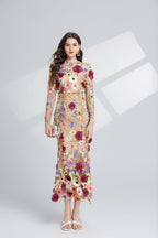 Flowering Girl Women CAROL brown FLORAL EMBROIDERY MESH LONG SLEEVE MIDI DRESS