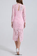 bernice rhinestone fishbone lace midi dress in pink