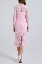 Bernice Rhinestone Fishbone Lace Midi Dress In Pink