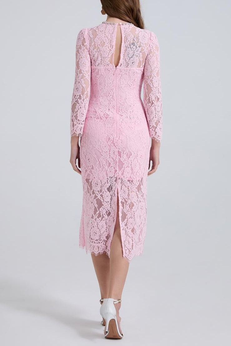 Bernice Rhinestone Fishbone Lace Midi Dress In Pink