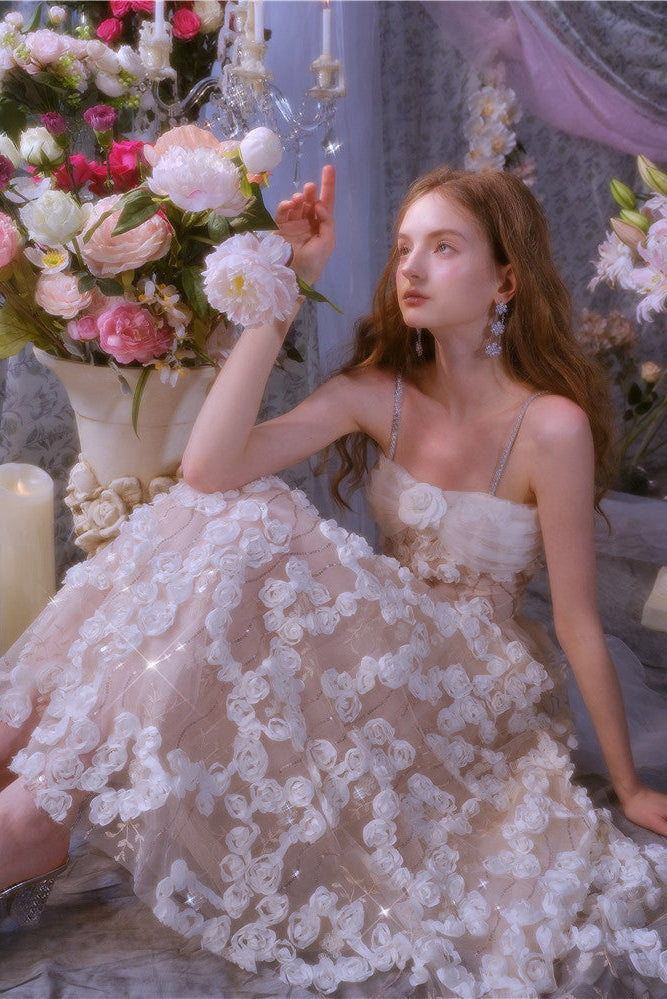 Leah White/Beige Sleeveless  Flower Dress