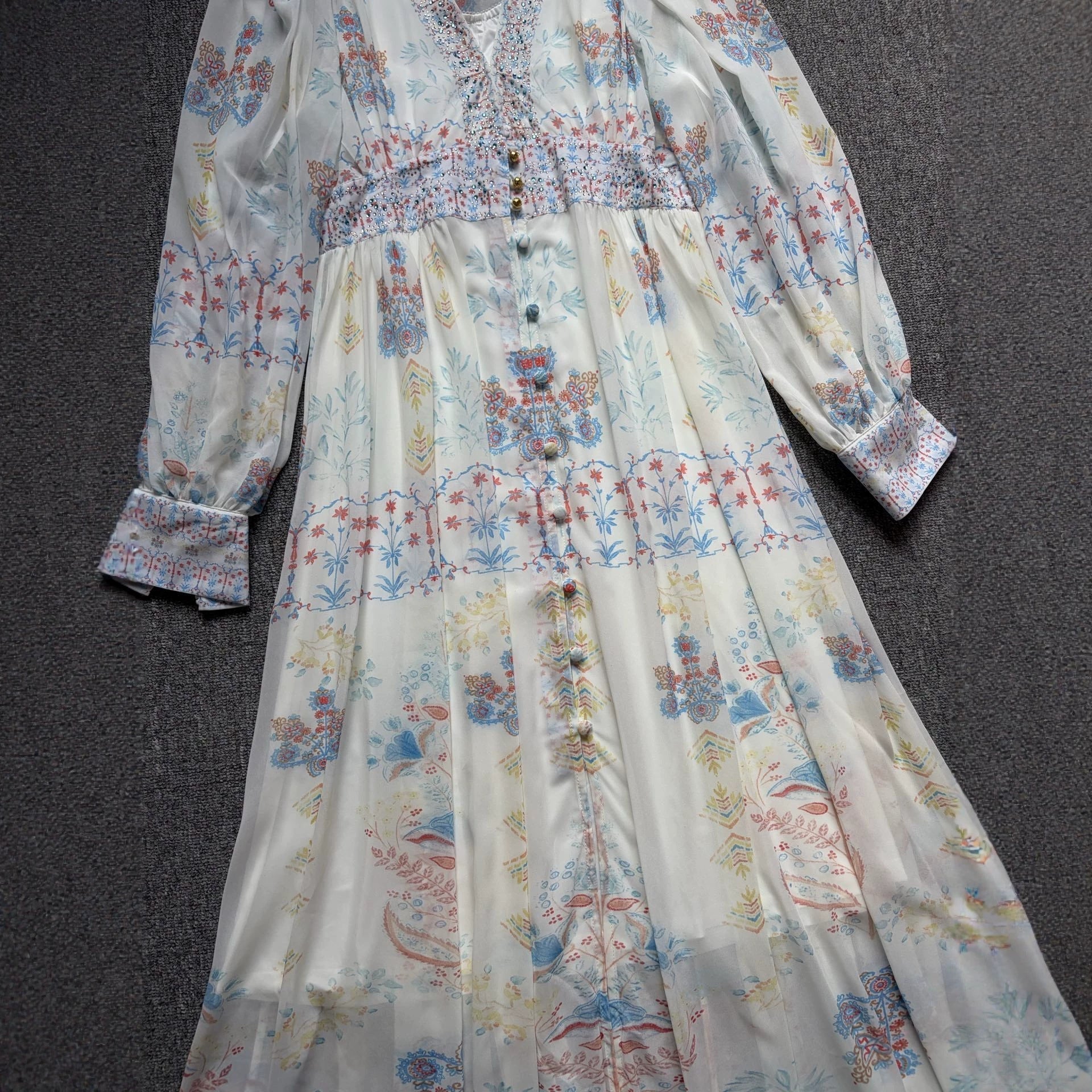 Flowering Girl Women lesley Printed V-neck lantern sleeve slit maxi dress - blue