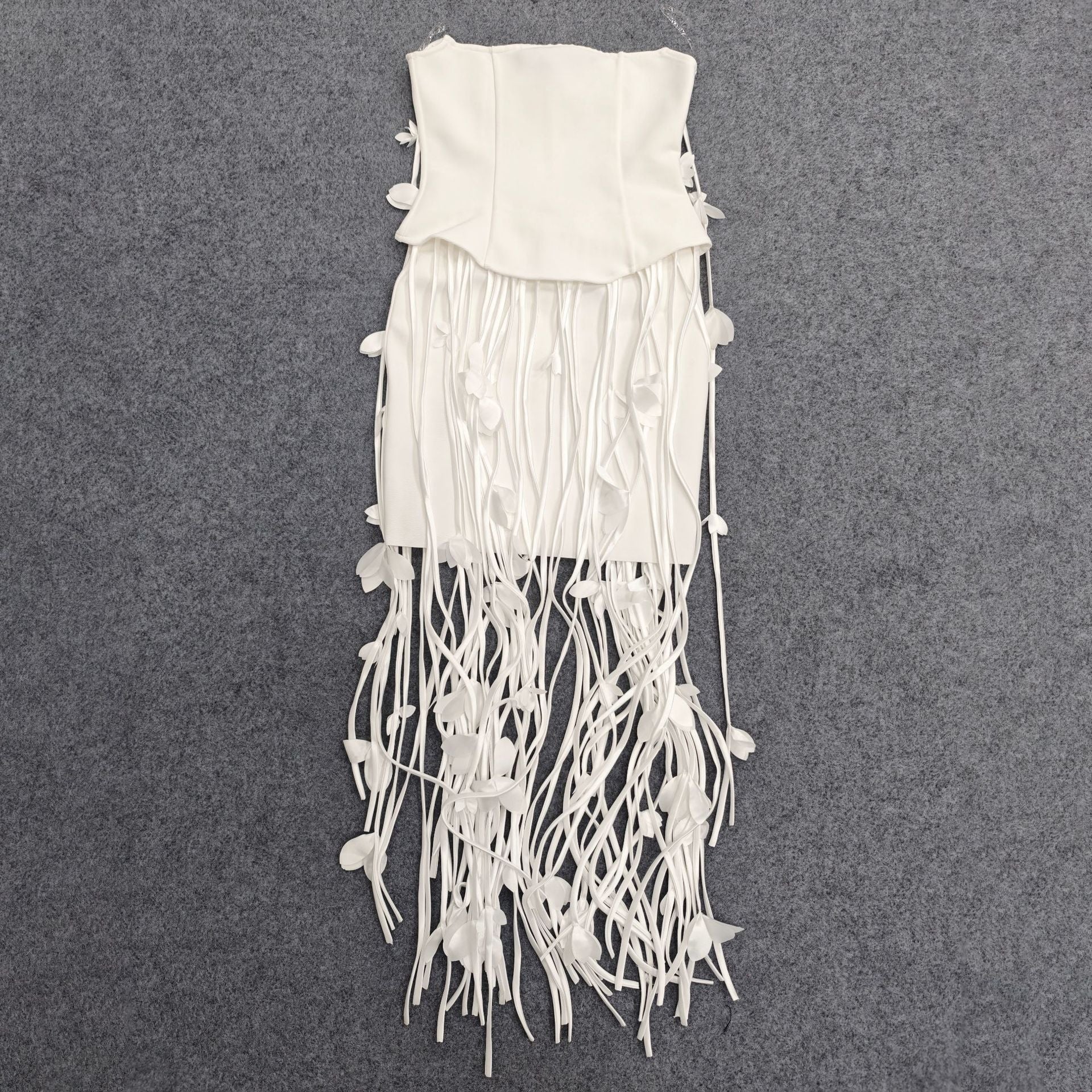 hilary white flower tassel strapless mini dress