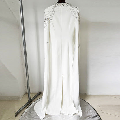 red nail bead chain shawl sleeves floor-length dress
