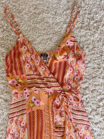 floral ruffle side tie V-neck slip dress