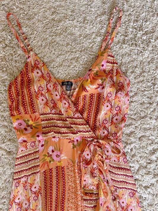 floral ruffle side tie V-neck slip dress