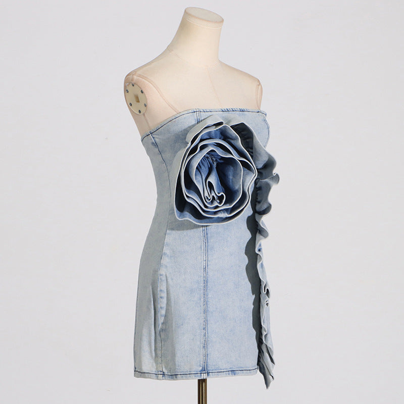 Flowering Girl Women Alison Blue Ruffled Trim Strapless Denim Mini Dress